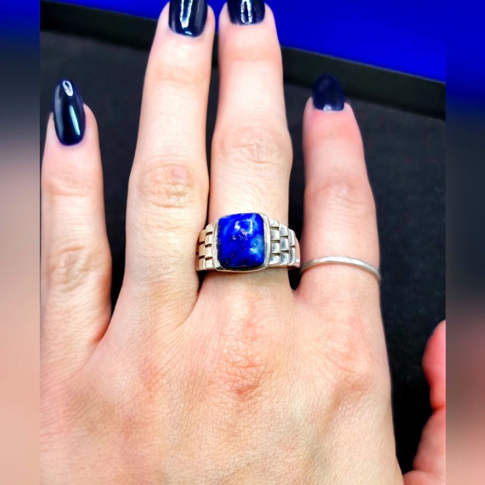 925 STERLING SILVER LAPIS LAZULI UNISEX RING SIZE 8.5 MADE IN INDIA (007RING)